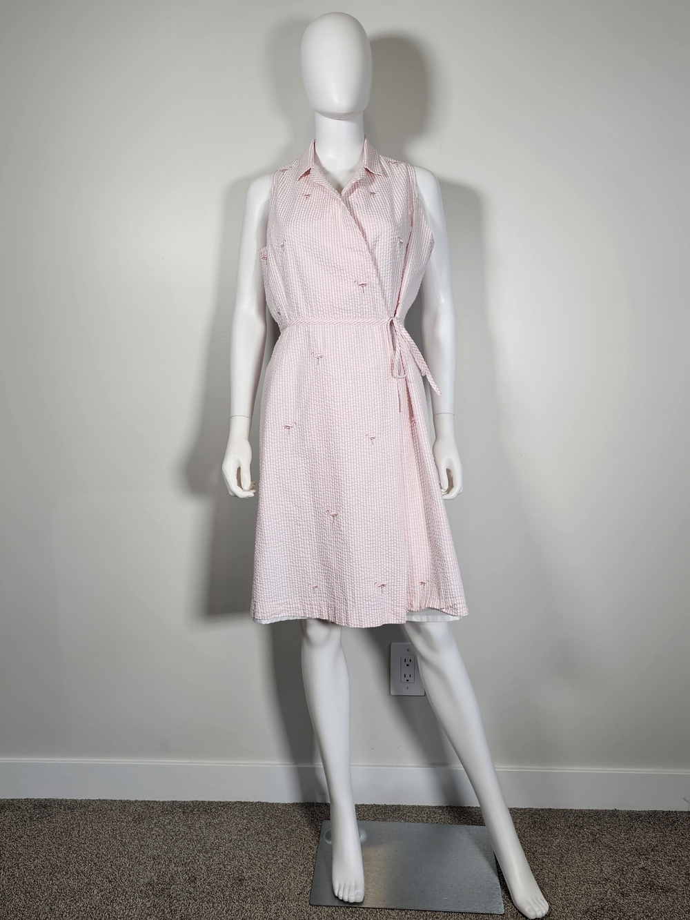 Nikki Valentine Pink Striped Flamingo Sleeveless Wrap Dress Sz 8